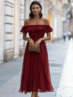 Off-Shoulder Ruffle Chiffon Midi Dress