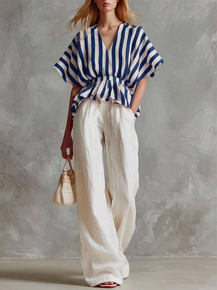 Women's striped printed V-neck 3/4 sleeve casual loose cotton linen top and solid color high-waisted wide-leg pants cotton linen set