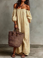 Women's Classic Striped Off-the-shoulder Cotton-linen Dress