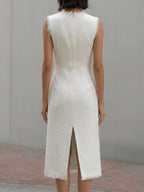 Tweed Sleeveless Frayed Edge Sheath Midi Dress