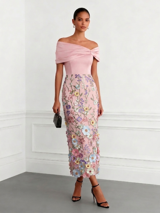 Black 3D Floral Classic Off The Shoulder Short Sleeve Sheath Midi Dress
