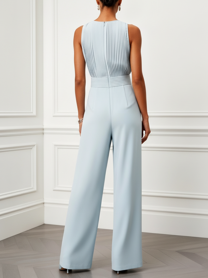 Women Light Blue Pleated Boat Neck Sleeveless Dressy Jumpsuit