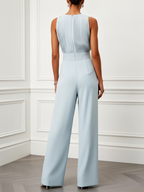 Women Light Blue Pleated Boat Neck Sleeveless Dressy Jumpsuit