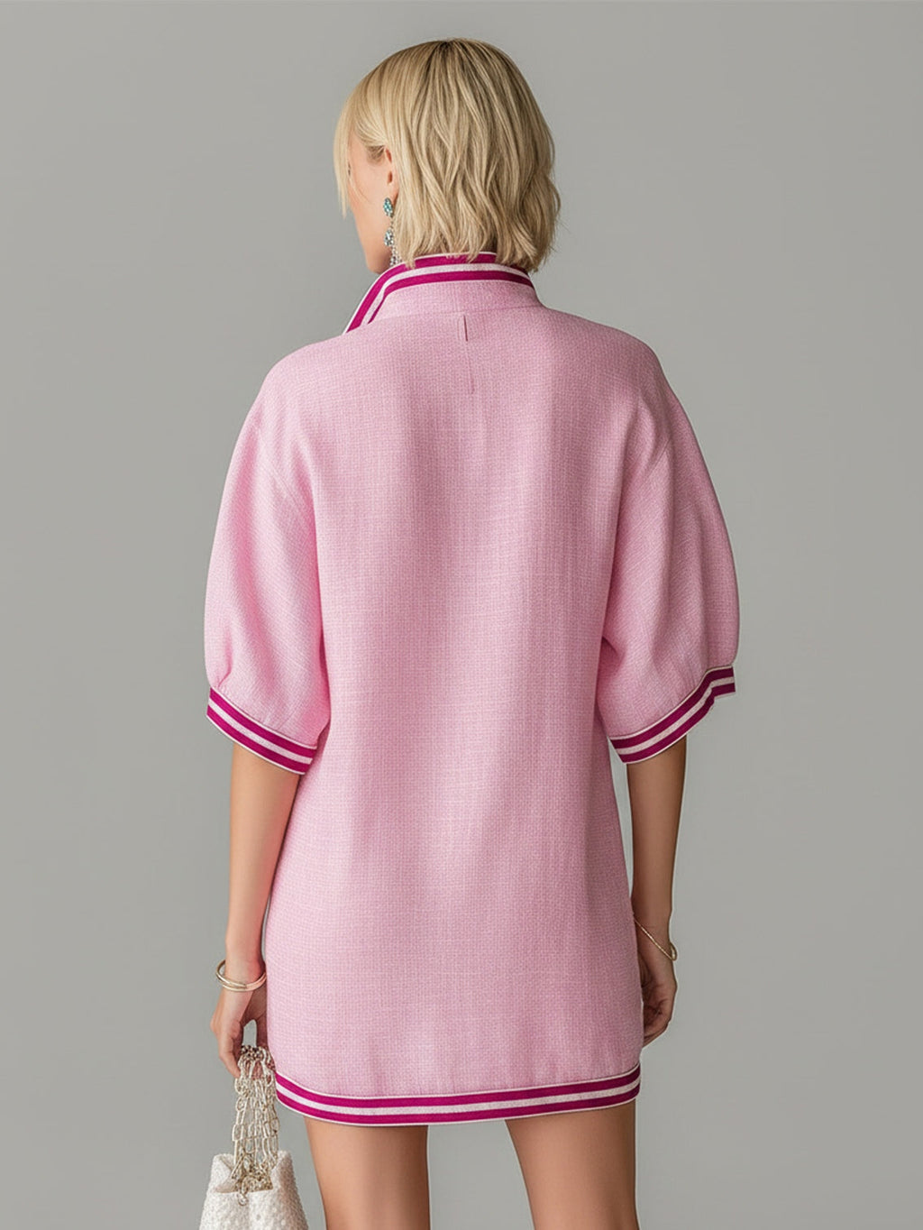 Pink Color-blocked Stand-up Collar Zipper Loose Mini Dress