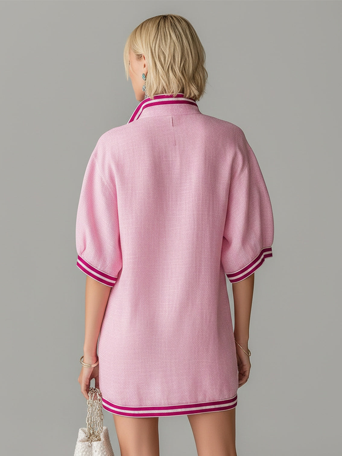 Pink Color-blocked Stand-up Collar Zipper Loose Mini Dress