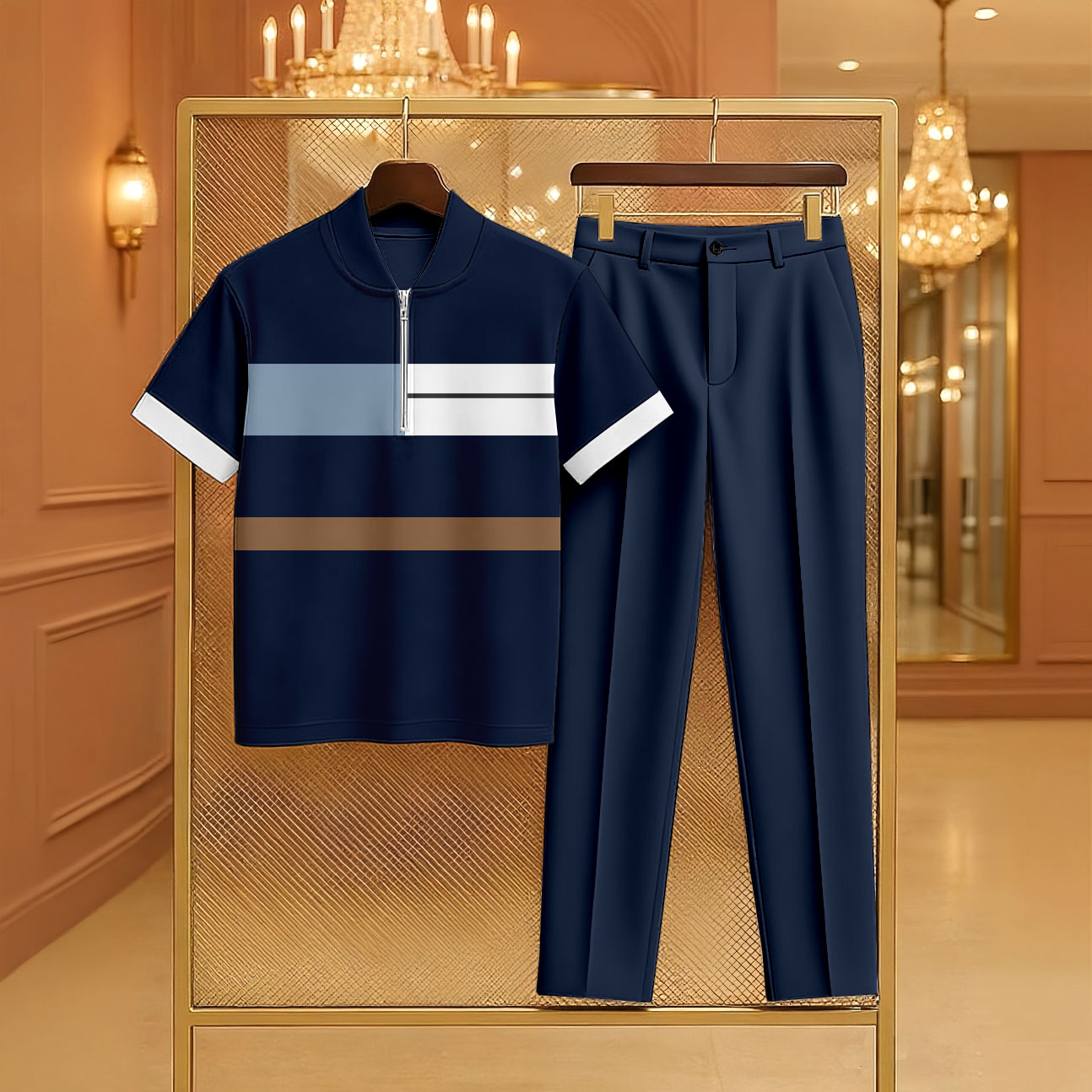 Men's Casual Navy Blue Color Matching Geometric Printed Zipper Short Sleeved Polo Shirt & Trousers Two-Piece Set