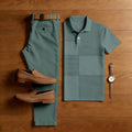 Men's Casual Dark Gray Geometric Print Polo Shirt And Trousers Two-Piece Set