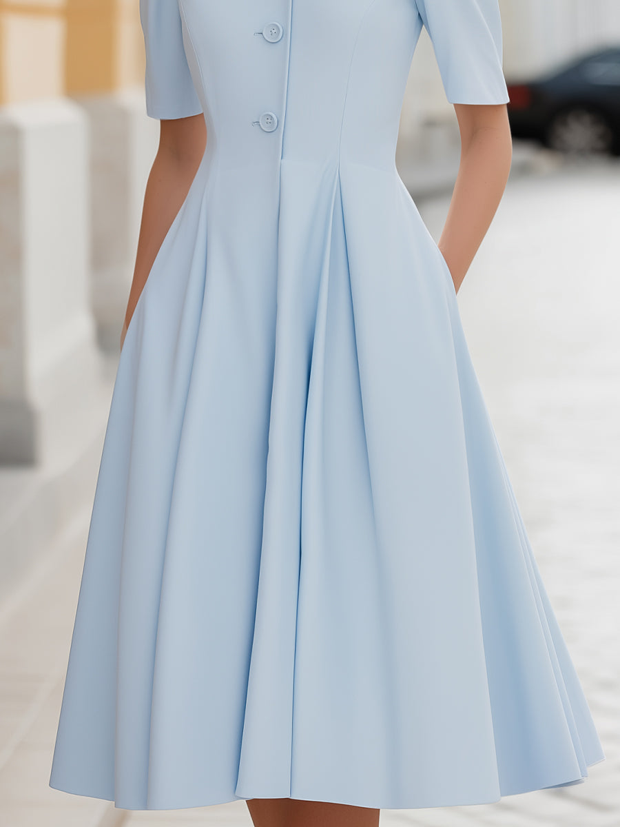 Stand Collar Button-Front Pleated A-Line Midi Dress