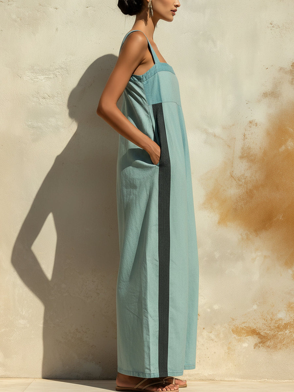 Tencel Denim Contrast Stripe Wide-Leg Jumpsuit