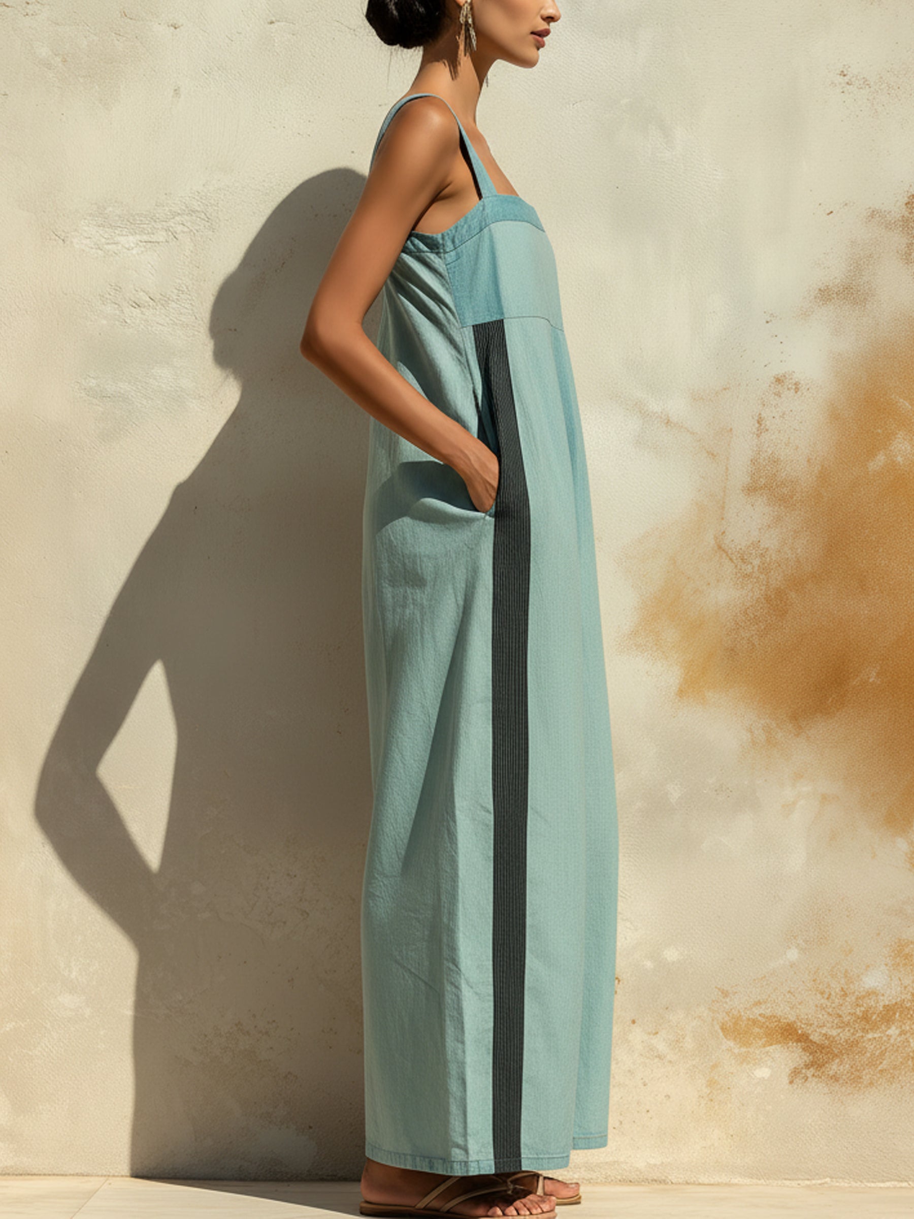 Tencel Denim Contrast Stripe Wide-Leg Jumpsuit