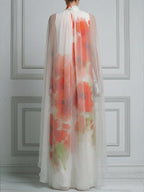 High-Neck Watercolor Poppy Print Cape-Sleeve Front-Slit Maxi Dress