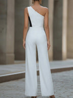 One-Shoulder Contrast Buttoned Wide-Leg Jumpsuit