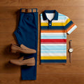 Men's Casual Royal Blue & Multi Color Matching Striped Printed Short Sleeved Polo Shirt & Trousers Two-Piece Set