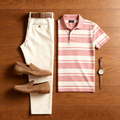 Men's Casual Pink Striped Polo Shirt And Off-white Pants Two-Piece Set