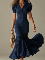 Navy Blue Striped Shirt Collar Slim-fit Mermaid Midi Dress