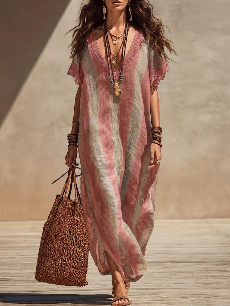 Loose-fit Casual Striped Linen And Cotton Dress With Lace Paneling