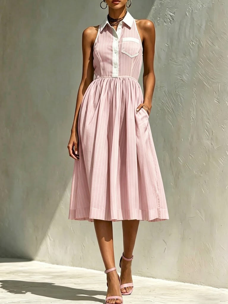 Striped Color-block Lapel Sleeveless A-line Dress With Cinched Waist