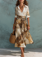 Gold And Brown Printed Shirt And Wrap Skirt Set
