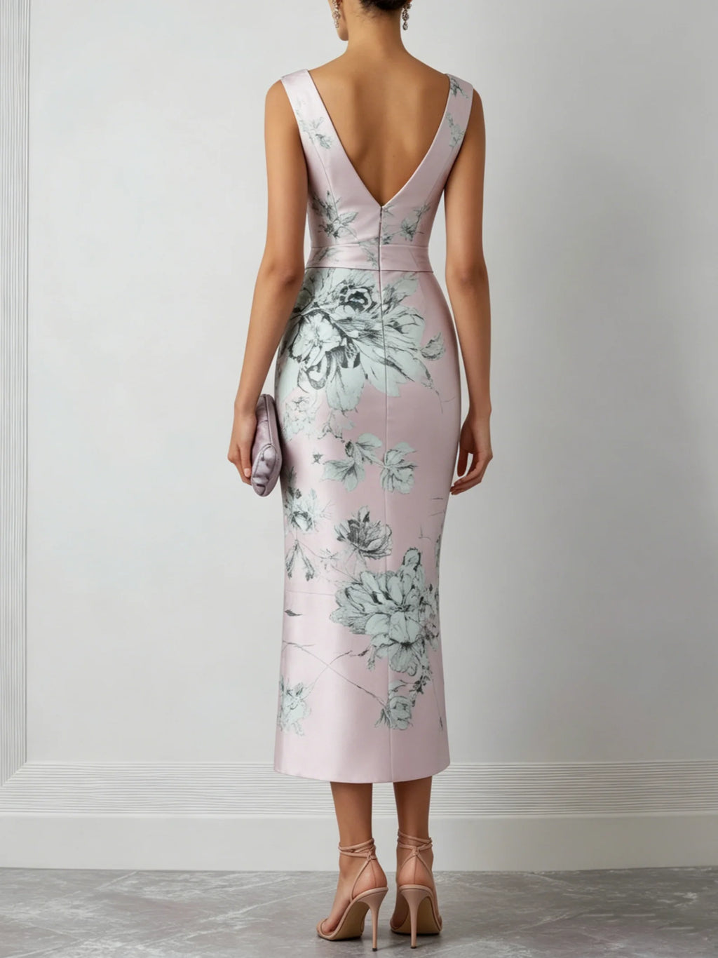Pink Floral Satin V Neck Sleeveless Sheath Midi Dress