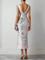 Pink Floral Satin V Neck Sleeveless Sheath Midi Dress