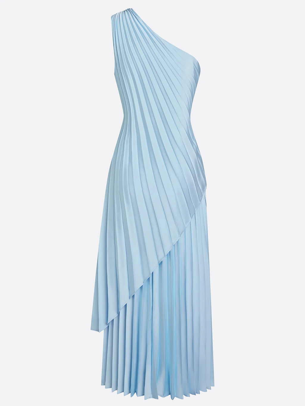 Women Light Blue Pleated One Shoulder Sleeveless Dressy Top With Skirt Two-Piece Set