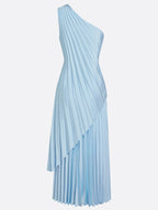 Women Light Blue Pleated One Shoulder Sleeveless Dressy Top With Skirt Two-Piece Set