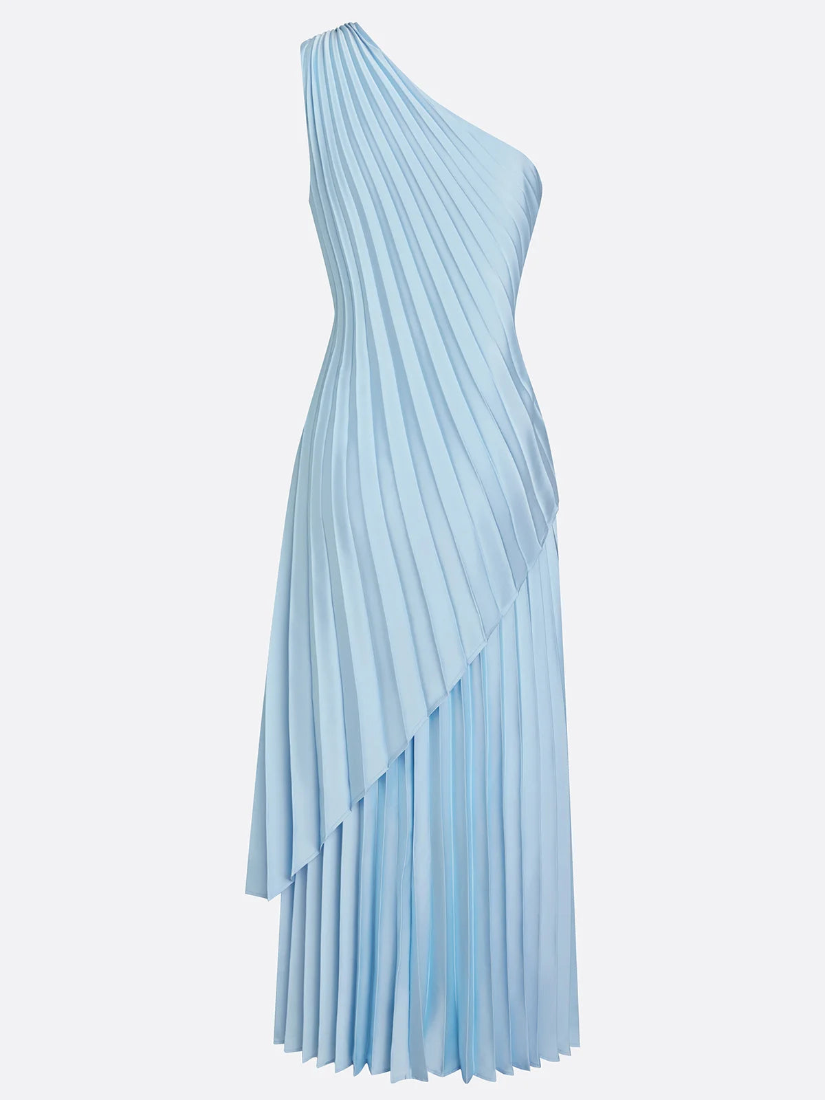 Women Light Blue Pleated One Shoulder Sleeveless Dressy Top With Skirt Two-Piece Set