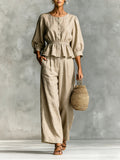 Women's Minimalist Casual Ruffle Cotton and Linen Set