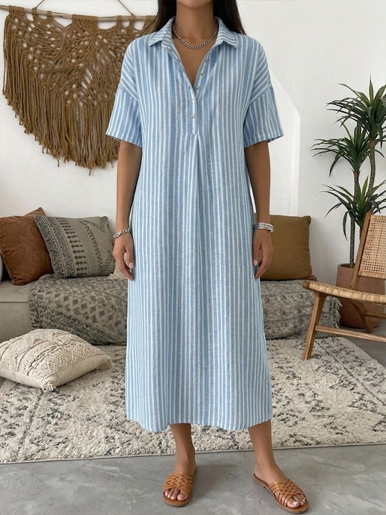 Casual Stripe Polo Collar Linen And Cotton Short-sleeved Dress