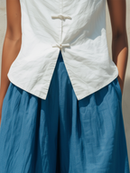 White Linen-Blend Frog-Button Vest & Blue Wide-Leg Pants Set