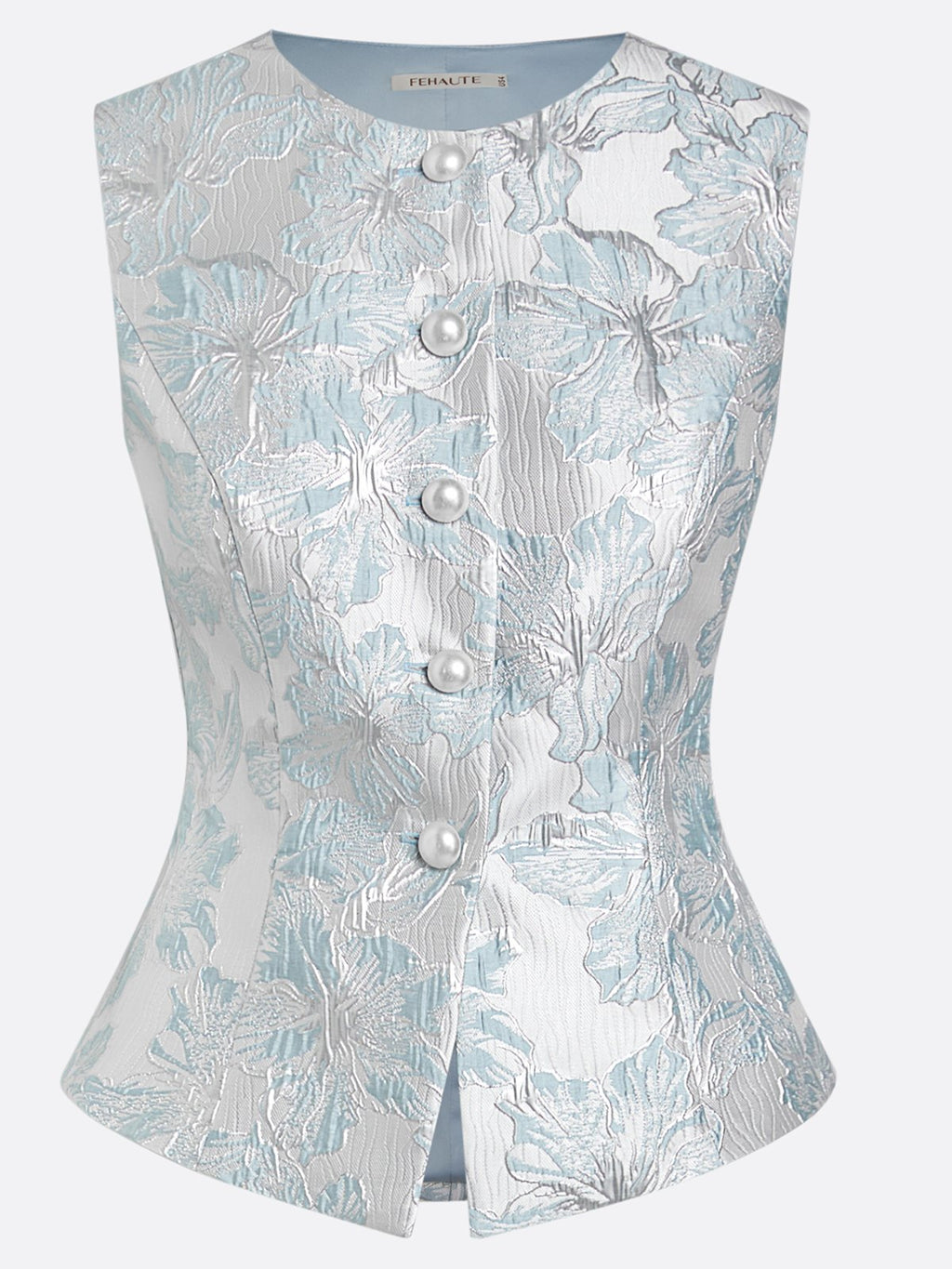 Women White Jacquard Floral Buckle Crew Neck Sleeveless Dressy Top With Pants Two-Piece Set