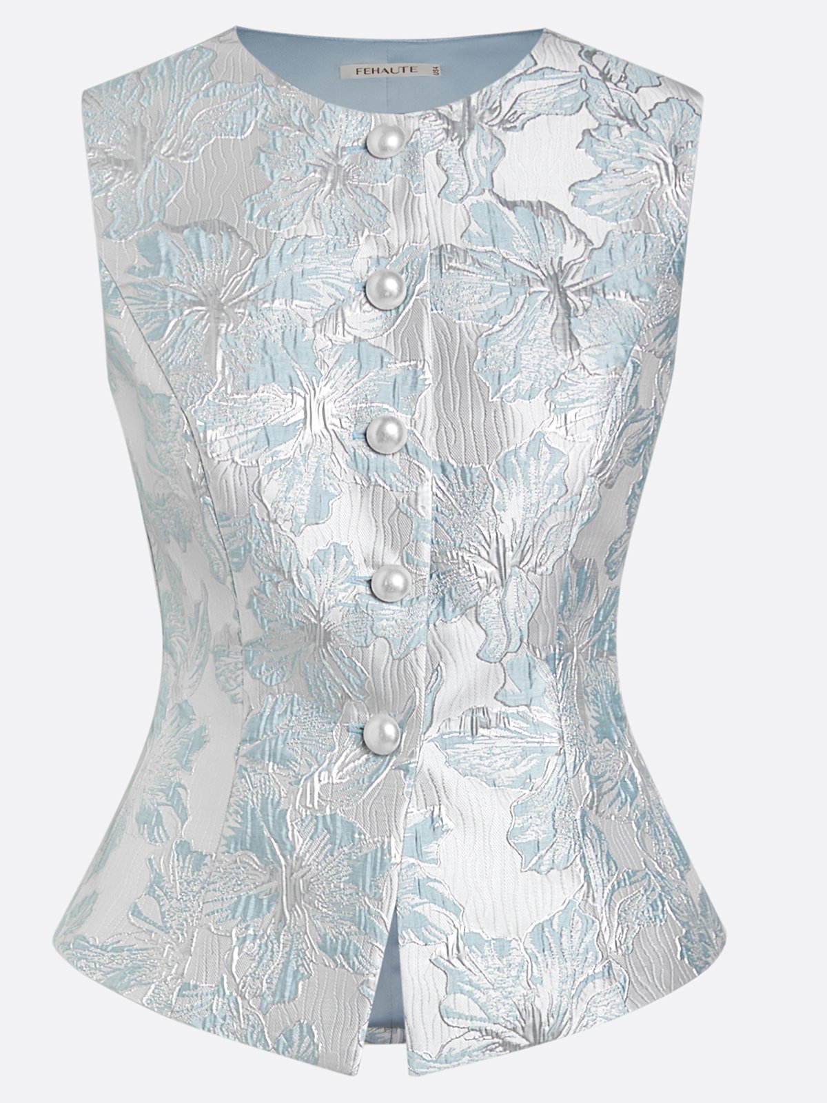 Women White Jacquard Floral Buckle Crew Neck Sleeveless Dressy Top With Pants Two-Piece Set