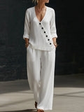 Minimalist V-neck Shirt And Wide-leg Pants Two-piece Set