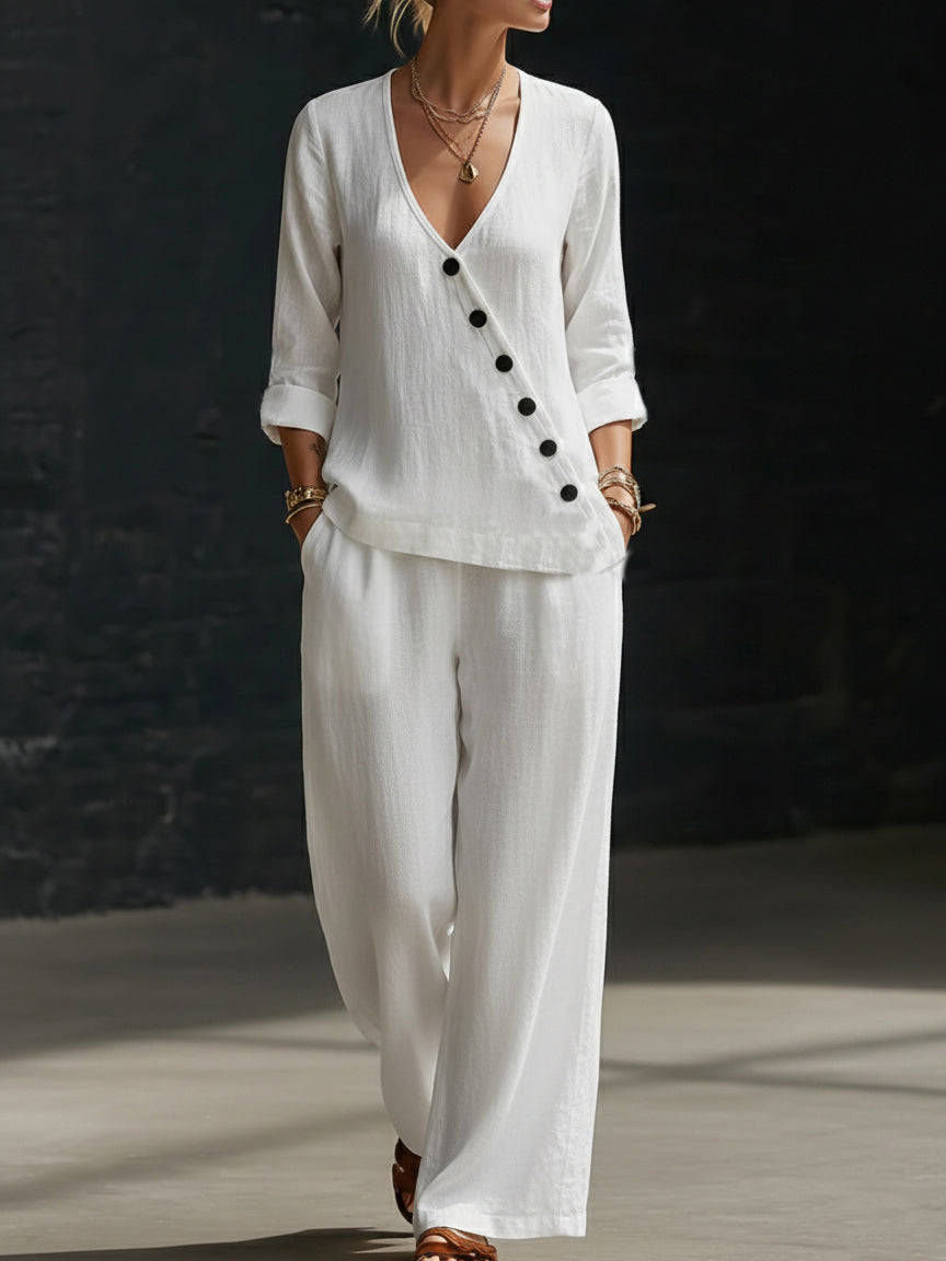 Minimalist V-neck Shirt And Wide-leg Pants Two-piece Set
