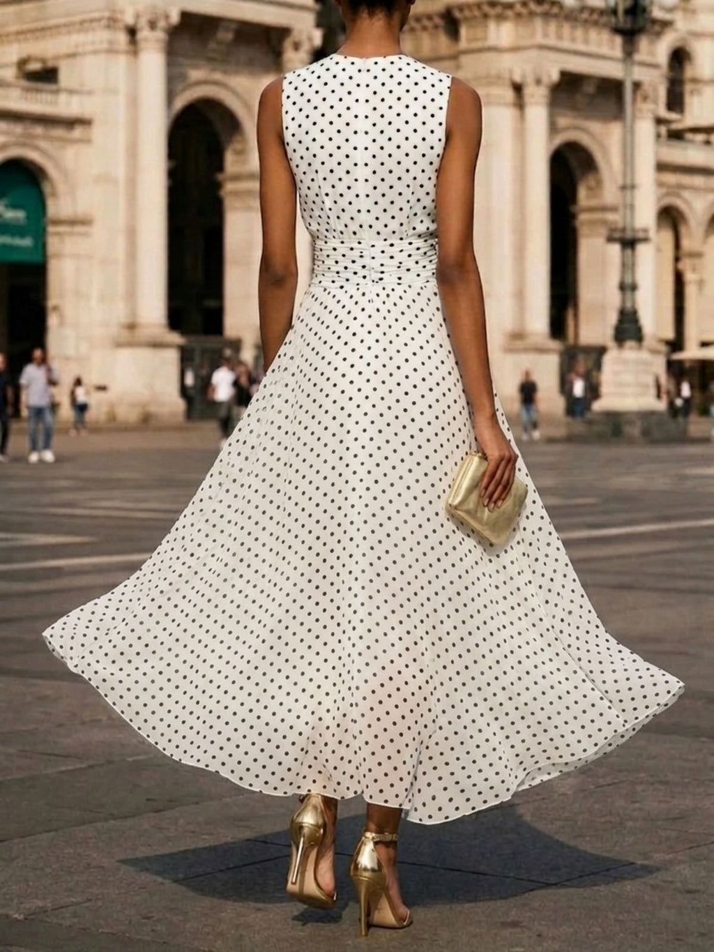 White Polka Dots Ruched Chiffon Crew Neck Sleeveless A-Line Maxi Dress