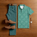 Men's Casual Green Color Matching Checkered Printed Short Sleeved Polo Shirt & Trousers Two-Piece Set