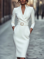 Refined Black Belted Sheath Dress with Mandarin Collar
