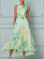 Elegant Green And Yellow Watercolor Floral Print Sleeveless Flowing