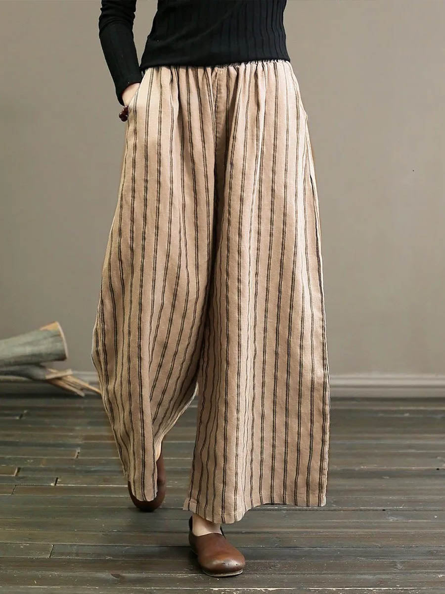 Women's High-waisted Loose-fit Striped Cotton-linen Wide-leg Pants