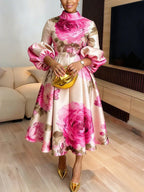 Pink Rose Print High Neck Puff Sleeve High Waist Flare Midi Dress