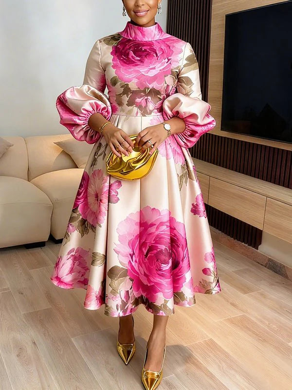 Pink Rose Print High Neck Puff Sleeve High Waist Flare Midi Dress