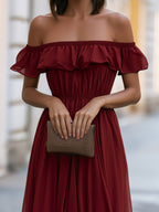 Off-Shoulder Ruffle Chiffon Midi Dress