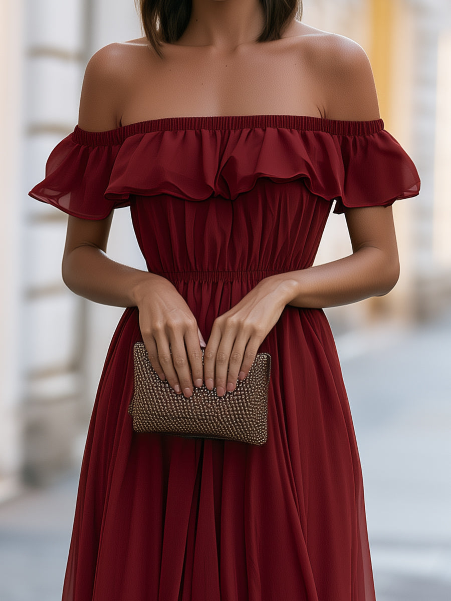 Off-Shoulder Ruffle Chiffon Midi Dress