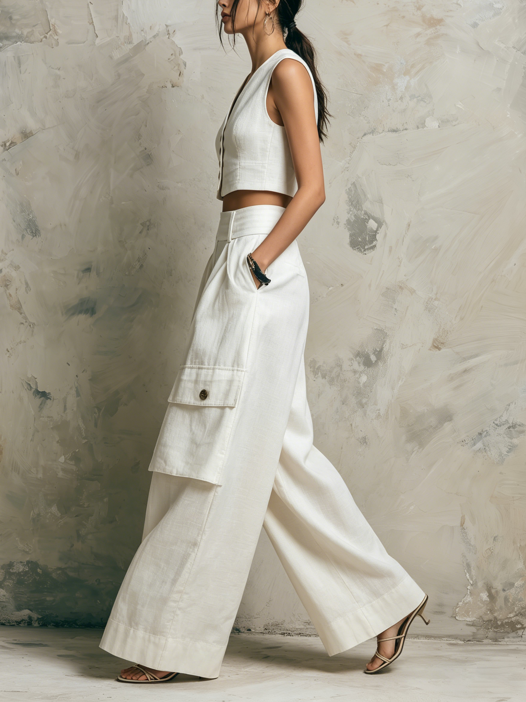 Linen-Blend Vest & Wide-Leg Cargo Pants Set | Tailored Two-Piece Outfit