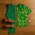 Men's Casual Green Color Matching Short Sleeved Polo Shirt & Trousers Two-Piece Set