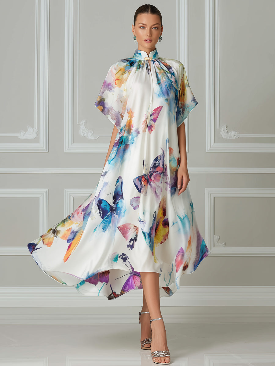 Prism Butterfly Mandarin Collar Midi Dress