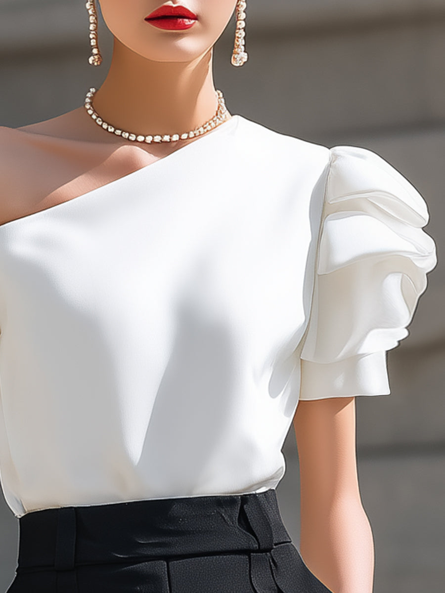 Elegant One-Shoulder Ruffle Sleeve Blouse