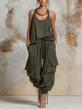 Relaxed Cargo Denim Set Drawstrings At The Cuffs