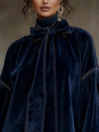 Dark Blue Velvet Bow Lantern Sleeve Mini Dress