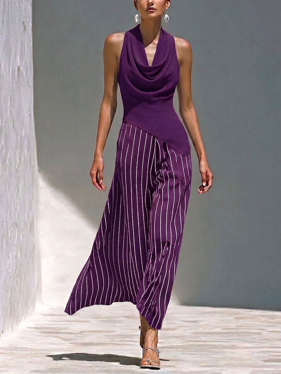 Women's Solid-color Cowl-neck Sleeveless Loose-fit Top & Striped High-waisted Loose-fit Cotton-linen Wide-leg Pants Set